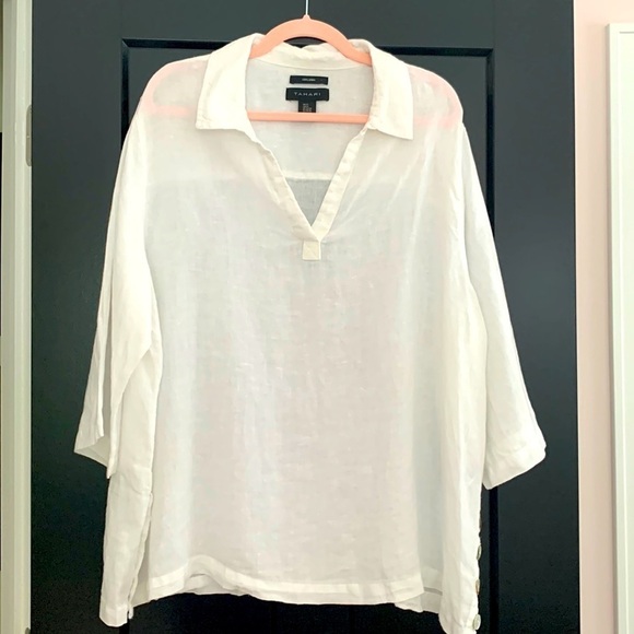 Tahari Cream/Ivory V-Neck 100% Linen Blouse. 3/4 Sleeves. Side Buttons. Size 2X - Picture 1 of 9